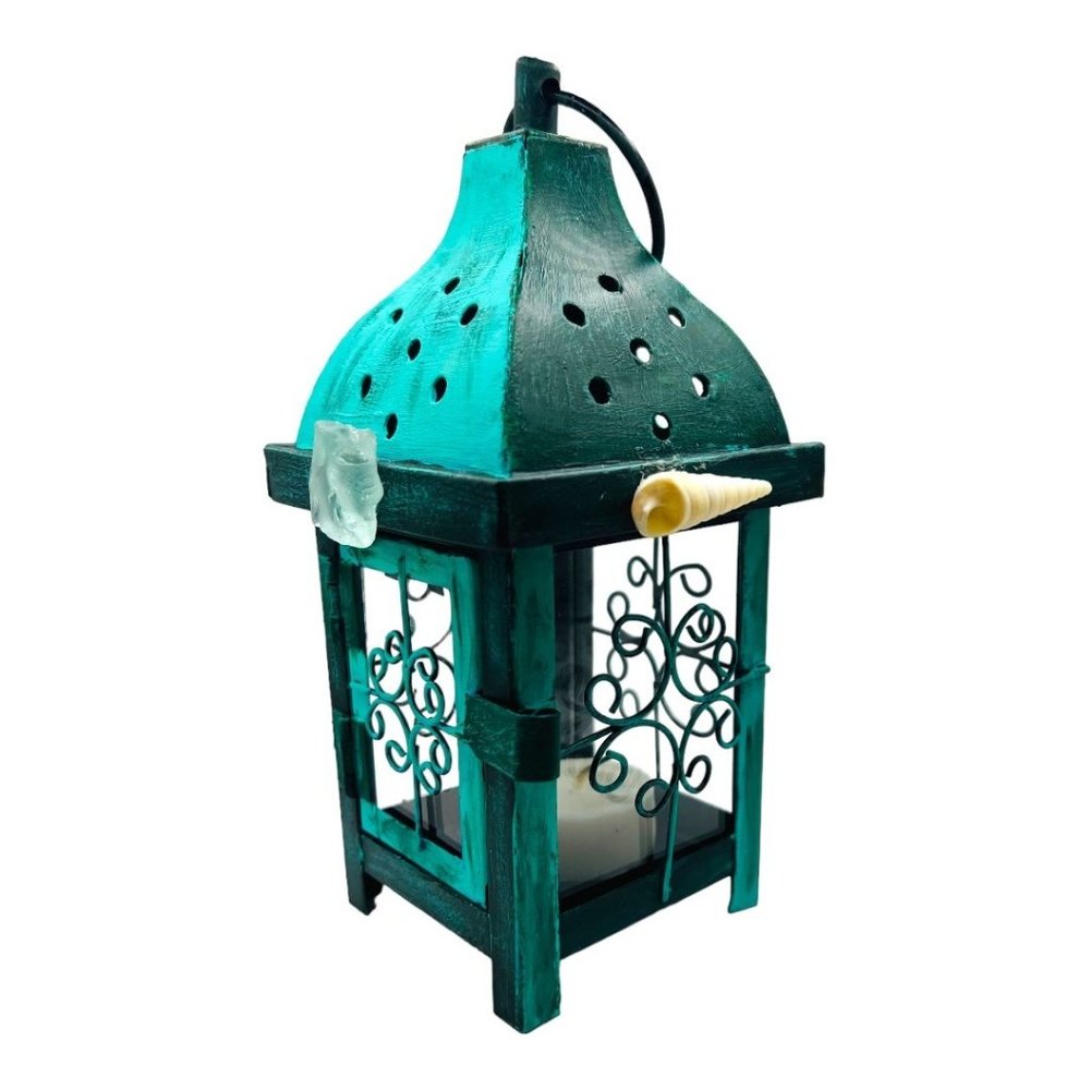 Handcrafted Metal Candle Lantern Hand-Painted Sea Glass and Conch Shell Accents - Picture 6 of 9